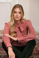 Skjorte Ruffles med flæser og sløjfe, dame, rød/hvid tern