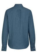 Skjorte Ruffles med flæser, dame, blå jeans stof