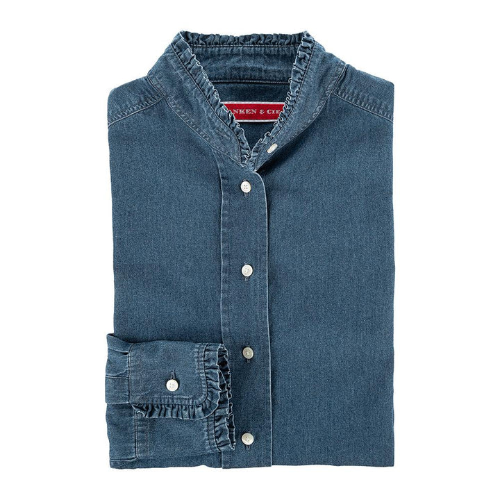 Skjorte Ruffles med flæser, dame, blå jeans stof