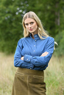 Skjorte Ruffles med flæser, dame, blå jeans stof