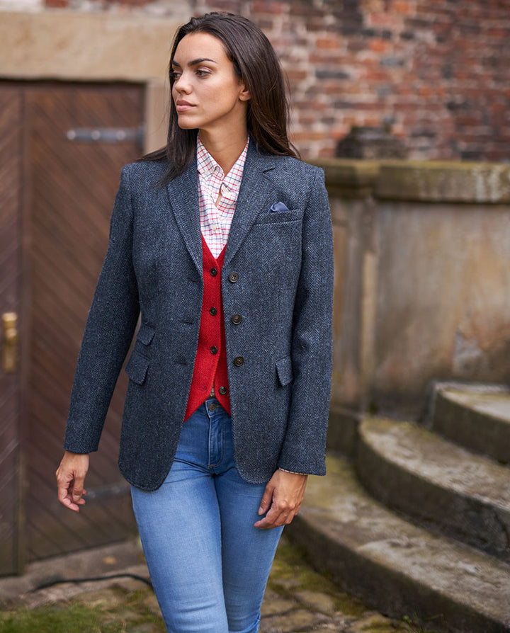 Carola blazer dame, Harris Tweed, blue herringbone 610