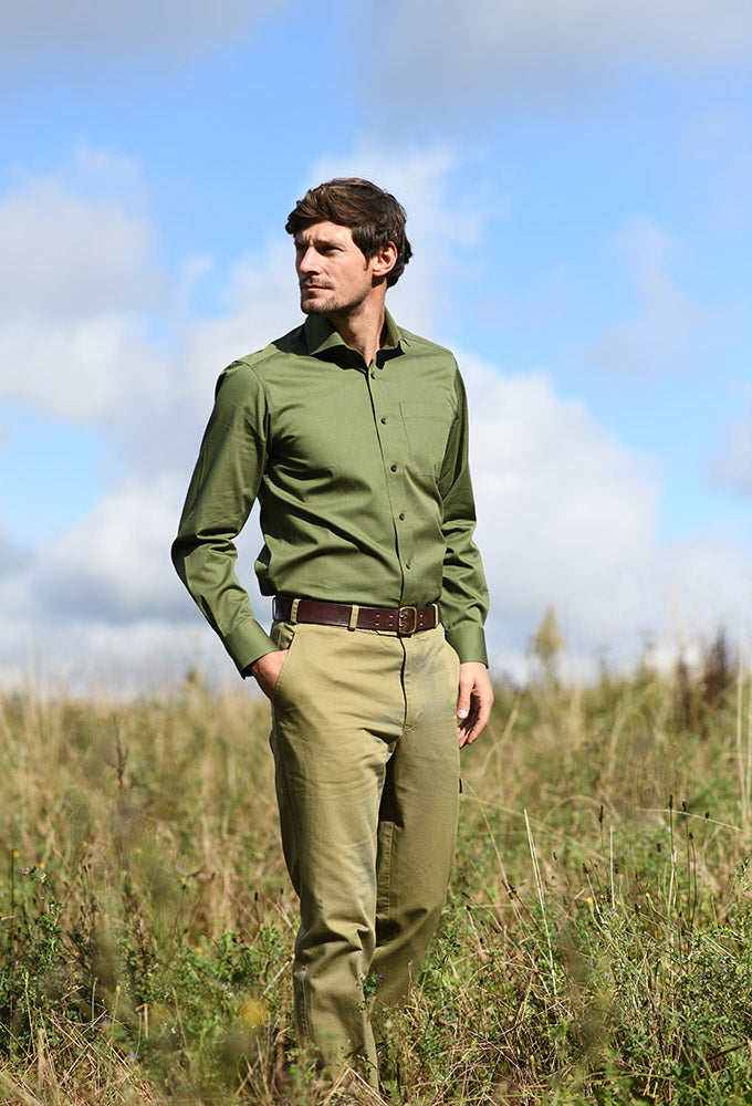 Skjorte Safari, herre, twill, olivengrøn