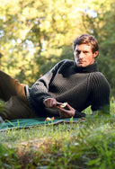 Franken & Cie Mens Rib Pattern Roll Neck Sweater, brungrøn lammeuld