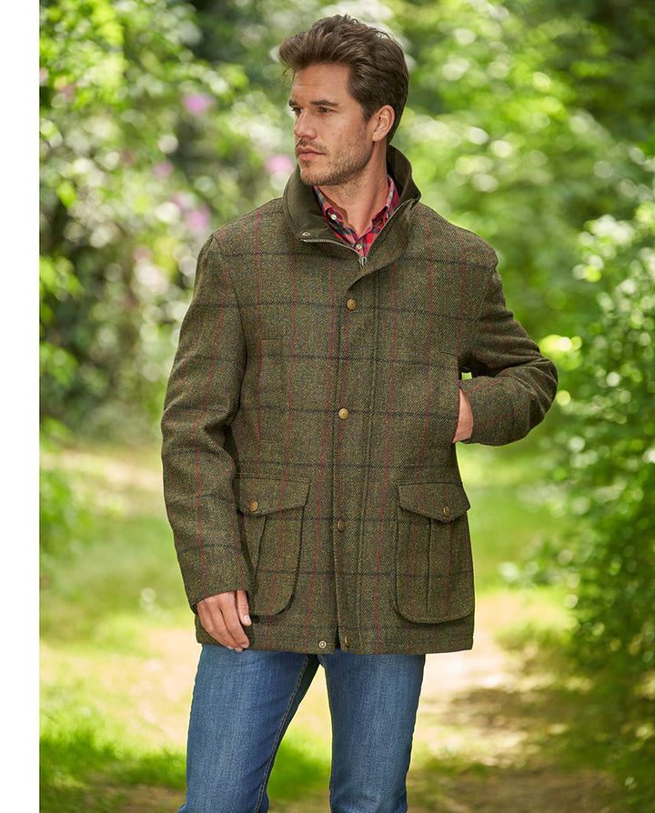 Bristol Field Coat skydejakke Harris Tweed, grøn m. blå/vinrød overtern
