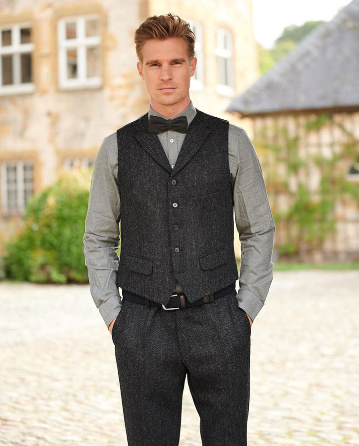 Wales tweed vest, Harris Tweed, koksgrå sildebensmønster