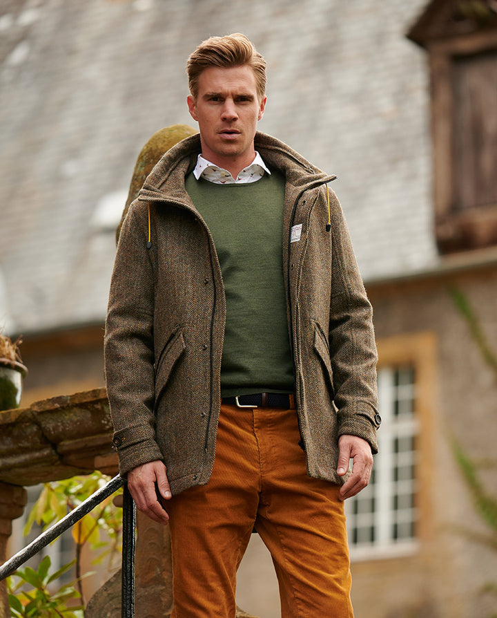 Finsbay Parka Harris Tweed, evergreen herringbone
