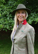 Carola blazer dame, ren silke, grøn med orange/grøn/dueblå overtern, farve 134