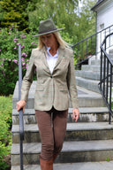 Carola blazer dame, ren silke, grøn med orange/grøn/dueblå overtern, farve 134