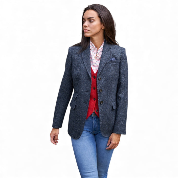 Carola blazer dame, Harris Tweed, blue herringbone 610