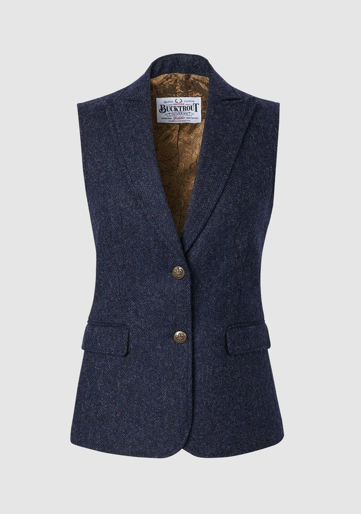 Pippa Waistcoat Yorkshire Tweed, blå herringbone, str. UK18/2XL  - DEMO