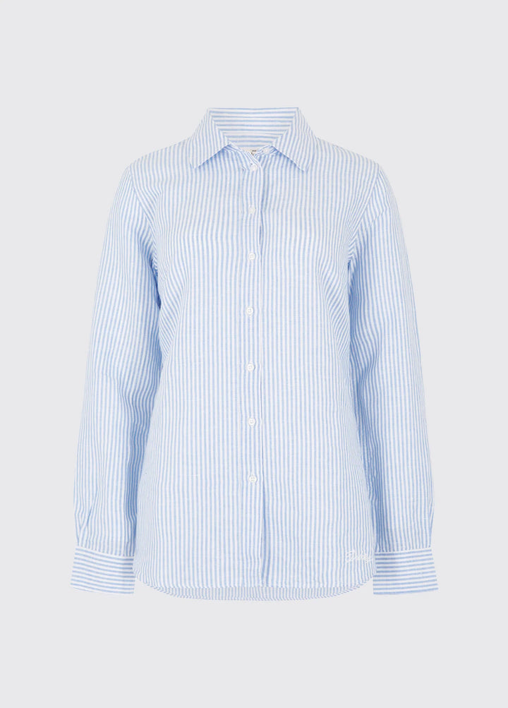Butterfly Women’s Long Sleeve Linen Shirt, blå/hvid stribet