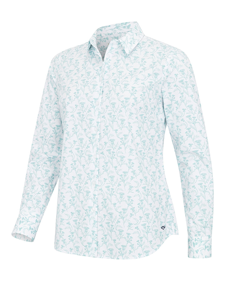 Thistle Print Shirt skorte med stretch, grønt print på hvid baggrund