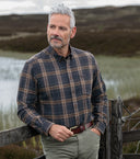 Pitlessie Brushed Flannel Check skjorte, blå/brun/hvid tern