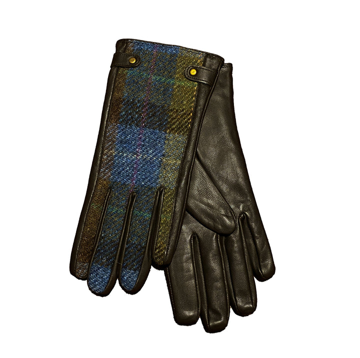 Damehandske, brun/grøn/blå mix tern, Harris Tweed og læder